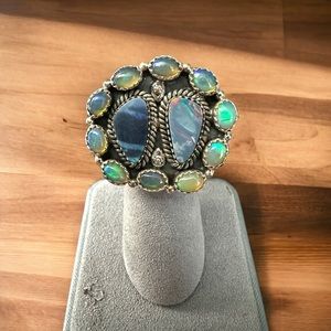 Two Stunning Blue Opals Center & Ethiopian Opals Ring in Solid Sterling Silver